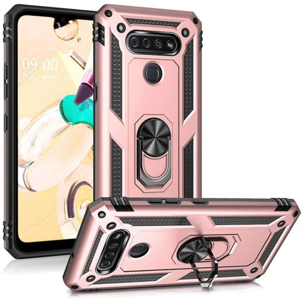 Wholesale LG K51 / Q51 Tech Armor Ring Grip Case with Metal Plate (Rose Gold)